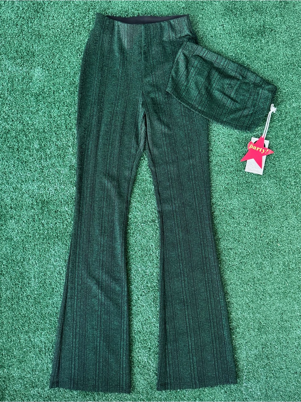 NWT Dark Green Metallic Lurex Ripped Flare Pants & Tube Top Matching Set XS